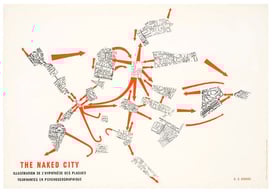 Cover of the book The Naked City by Guy Debord. The red arrows connect the different fractures of Paris. Source: [20], ©Demelzadesign.com.