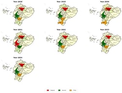 Annual heat maps showing the spatial heterogeneity of encephalitis incidence in Ecuadorian provinces (2018–2024).