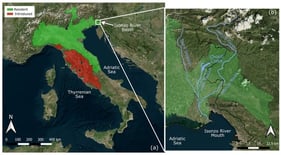 Distribution area of the lasca P. genei (a) and its eastern limit (b), represented by the Isonzo River Basin between Italy and Slovenia; green color indicates the areas where the species is native, while red zones are those where the lasca was introduced due to human activities, via transfaunation (a,b). The Chiarò di Cialla Creek is reported with a thicker blue line (b).
