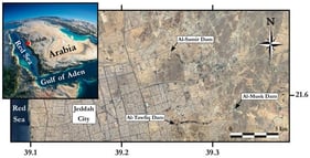 A satellite image of Jeddah City showing the former location of the Al-Musk Lake, Al-Musk Dam, and the potentially problematic Al-Samir Dam and Al-Tawfiq Dam, and their proximity to the residential areas.