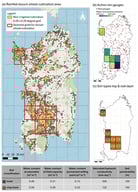 Cultivated area, soil characteristics and rain gauge network available in Sardinia. (a) Area of rainfed durum wheat cultivation from the CORINE Land Cover; (b) Active rain gauges in Sardinia; (c) Soil types of top and sub soil layers in the main cultivation areas (cell C1–C7) from the European Soil Database and hydraulic characteristics.