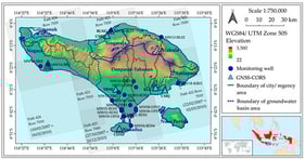 Map of the study area in Bali, Indonesia. The groundwater basin is delineated into eight basins based on the Presidential Law of Indonesia Number 26 Year 2011. There are seven Continuously Operating Reference Stations (CORSs) of the Global Navigation Satellite System (GNSS) and 18 monitoring wells distributed in the area.