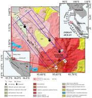 Geological map of the northern Seulawah Agam area as well as geoelectrical and magnetotelluric observation sites. The blue rectangle marks the study area with cross sections A–A′ and B–B′. The black dashed line indicates the Seulimeum fault, a northwest–southeast dextral strike-slip fault, while thin black lines represent local faults. Geological symbols: [1] Ie Seum geothermal manifestation, [2] Ie Jue fumarole, [3] Kawah van Heutsz fumarole. The blue dashed line represents the boundary of the modeling area while the red lines represent the study area boundary, as shown in the upper-right and lower-left inset map.