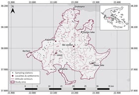 The study area. Topographic map of Mount Chelmos within the Chelmos-Vouraikos National Park, showing the 568 km2 study boundary and the distribution of the 168 sampling stations across altitude. Inset map situating the study area within Greece (red polygon). Basemap provided by Esri [26].