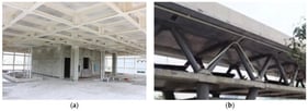 Practical engineering applications: (a) open-web composite floor system; (b) steel truss–concrete composite beam system.