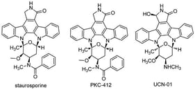 The chemical structural formulas of staurosporine and its derivatives.