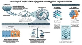 Histopathological and ultrastructural alterations in the gallbladder of Cyprinus carpio under B[a]P exposure. (Top row) Light microscopy images (H&amp;E staining) displaying the tissue architecture. Blue arrows indicate vacuolar degeneration of mucosal epithelial cells. In the high-magnification inset, Red arrows indicate nuclear deformities, characterized by irregular shape and disordered arrangement. (Bottom row) Transmission electron microscopy (TEM) images showing ultrastructural pathology. Green arrows point to numerous intracytoplasmic vesicular structures containing granular electron-dense material (likely incompletely degraded organelles or autophagic vacuoles). The blue boxes highlight the mitochondrial ultrastructure, displaying normal mitochondria with intact cristae in the control group (DC), contrasted with mitochondrial vacuolar degeneration in the treatment groups (DL and DH). The area within the red circle demonstrates submucosal edema, characterized by loosened connective tissue and widened interstitial spaces due to inflammatory exudation. Abbreviations: DC, control group (0 μg/L); DL, low-dose group (2.5 μg/L); DH, high-dose group (25 μg/L). N, nucleus.