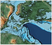 Paleogeographic map during the Lower Jurassic showing the extent of epicontinental seas in western Europe [44].
