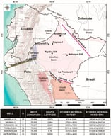 Location map of the six studied exploration wells (black circles) within the structural boundaries of the Marañón Basin after [2]. Well information includes international latitude–longitude coordinates, studied interval depth in meters and feet (1 ft = 0.3048 m), and the number of samples analyzed per well (N).