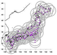Purple dots represent the locations of F-net seismic stations on the Japanese islands. Gray circles are drawn with a radius of 250 km centered on each station. The union of these circles represents the network’s “area of influence,” which is being explored further.