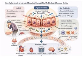 The graphical representation of how progressive aging may lead to increased intestinal permeability, dysbiosis, and immune decline.