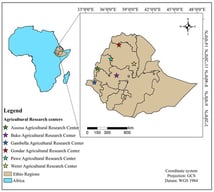 A map showing the collection areas of sesame accessions across Ethiopian research centers.
