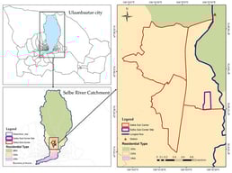 Location of the 6.08-hectare study site within the Selbe River Catchment and Ulaanbaatar City, Mongolia.