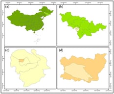 Location map of the study area: (a) administrative map of China; (b) administrative map of Jilin Province; (c) administrative map of Liaoyuan City; (d) administrative map of Xi’an District.