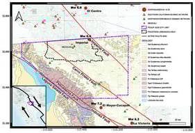 Map of the study area (purple dashed-line polygon) showing: earthquakes with magnitudes greater than M 6.0; seismic monitoring networks of southern California [16] and northwestern Mexico [17]; active faults from the GEM catalog [18]; regional geology [19]. The inset shows the study area, located in the interaction zone between the North American and Pacific tectonic plates, within the San Andreas–Gulf of California fault system.
