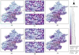 Four examples of the CDR-based population distribution (unique IMSI number) at different time points. (a) Description of population distributions across all of Beijing at 6:00 a.m. on 2 February 2015; (b) Description of population distributions across all of Beijing at 6:00 p.m. on 2 February 2015; (c) Description of population distributions across all of Beijing at 6:00 a.m. on 19 February 2015; (d) Description of population distributions across all of Beijing at 6:00 p.m. on 19 February 2015; (e) Description of population distributions in the localised inner area at 6:00 a.m. on 2 February 2015; (f) Description of population distributions in the localised inner area at 6:00 p.m. on 2 February 2015; (g) Description of population distributions in the localised inner area at 6:00 a.m. on 19 February 2015; (h) Description of population distributions in the localised inner area at 6:00 p.m. on 19 February 2015.