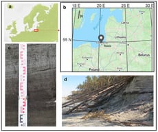 (a)—Location of the Kulikovo section in Europe; (b)—location of the Kulikovo section in the Baltic region; (c)—view of the sediment section during fieldwork; (d)—view of the Kulikovo site, Sambian Peninsula, Kaliningrad region.
