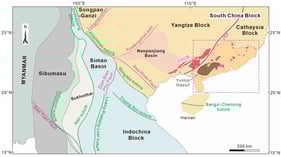 Simplified tectonic framework of Southeast Asia showing major crustal blocks, suture zones, and Indosinian granites in Guangdong Province [6,7]. DSGB = Darongshan–Shiwandashan Granitic Belt; JSF = Jiangshan–Shaoxing Fault.