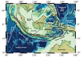 Map of Indonesia and adjacent regions with tectonic plate boundaries, subduction zones, major faults (redraw after refs. [6,7,8]), and seismic stations (red circles for onshore stations and yellow for offshore station) used in this study. According to refs. [7,9], Bu: Buru; BH: Bird’s Head; SFZ: Sorong Fault zone; TAFZ: Tarera Aiduna Fault zone; MS: Molucca Sea; WD: Weber Deep. The location of the extinct Wharton Fossil Ridge came from ref. [10].