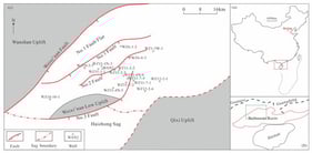 Tectonic setting, structural belts, and distribution of sampling wells in the Weixi’nan Sag. (a) Outline map of China, where the red solid rectangle indicates the location of (b). (b) Location map of the Beibuwan Basin, where the green dashed rectangle denotes the study area. (c) Map of the Weixi’nan Sag. The map highlights the distribution of the seventeen sampled wells across the diverse structural belts (northern steep-slope, southern gentle-slope, and Weixi’nan low-uplift periphery) to ensure basin-wide representativeness.