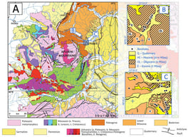 Geological overview. (A)—Geological map of the north-western Transylvanian Basin and its surroundings (modified by [18], based on [19]); (B)—Simplified geological map of the Sânpaul commune area of interest (based on [20]); (C)—Simplified geological map of the Cluj area of interest [21].