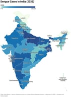 A gradient map of the number of dengue cases in India in 2023 (based on data retrieved from NCVBDC). Map: Indra Sarkar. Source: National Center for Vector-Borne Diseases Control (NCVBDC). Created with Datawrapper (Web application, Datawrapper GmbH, Berlin, Germany). (https://www.datawrapper.de/, accessed on 12 November 2025).