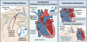 Mechanism of the Pinch-Off Syndrome. (A) shows a 3D reconstruction of the mechanical conflict between the clavicle and the first rib; (B) schematically illustrates the compression (costoclavicular pinch) of the catheter in the subclavian vein, which causes cyclic stress, obstruction, and potential device fracture.