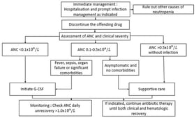 Practical algorithm for management of drug-induced neutropenia and granulocyte colony-stimulating factor (G-CSF) therapy. ANC: Absolute Neutrophil count.