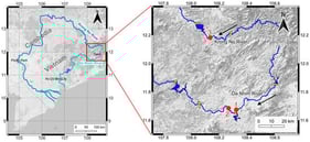 The map of the two river systems originating from Lam Dong province and the sampling locations. 1—upstream location in the Da Nhim River, 2—downstream location in the Da Nhim River, 3—the Krong No River location (QGIS 3.34.13). Arrows (→) indicate the directions of water flow. Yellow lines indicate dams.