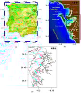 (a): Map of Spain showing the national context of the study area, indicated by a black circle. (b): Map of the study area with calculation grids and the main locations of calibration points and boundary conditions with the black rectangle outlining the study area. (c): Study area with the red numbers indicating the positions of the 17 spill points. Numbers 1 to 13 represent the points in operation at the start of the study, and numbers 14 to 17 represent those eligible for licensing. The green letters represent the nine control points verified by AEWA. The red numbers represent the positions of the 17 spill points.