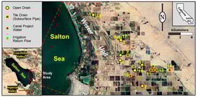 Study area location map showing stations numbers for samples collected from open agricultural drains, groundwater discharge points from subsurface groundwater tile drains, canal project water, and tailwater return flow feeding into Wister Unit. Inset map shows location of Coachella and Imperial Valleys. The numbers correspond to sample numbers in Table 1 and Table 2.