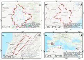 Spatial extent of the three study areas (a) Eastern Mancha (Spain), (b) Sidi Bouzid (Tunisia), and (c) the Beqaa Valley (Lebanon) and (d) their overall distribution across the Mediterranean region.