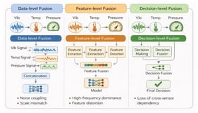 Comparison of multi-sensor data fusion strategies for time-series analysis. Two representative input signals—vibration (blue waveform) and temperature (orange waveform)—are processed under three distinct strategies. In data-level fusion (left), raw signals are directly merged via concatenation arrows before any processing, and the combined input is fed into a unified model. In feature-level fusion (middle), each signal undergoes independent feature eXtraction (represented by separate colored blocks), and the resulting heterogeneous feature representations are subsequently integrated through a feature fusion layer before being passed to the model. In decision-level fusion (right), each signal is independently eXtracted and further subjected to a distortion-aware processing step, with outputs integrated at a later stage. Colored blocks distinguish features derived from different sensors, and arrows denote the direction of information flow from raw input through eXtraction, fusion, and into the final model.
