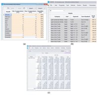 Fragments of input and output parameters used for COPERT model: (a) environment-related information distinctive to Lithuania (temperature, humidity), (b) cumulate fragment of LDV-HDV stock (vehicle types, fuel, segment, Euro standard, population, stock), and (c) overall HDV emission output (CO2, t).