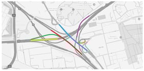 Interchange overview. The arrows indicate the traffic direction.