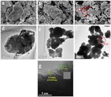 SEM images of (a) CN, (b) BMO, and (c) 15% CN/BMO; TEM images of (d) CN, (e) BMO, and (f) 15% CN/BMO; and HRTEM images of (g) 15% CN/BMO.