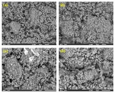 SEM micrographics of the CoMo-Ni/Al2O3-K2O(x) catalysts. (a) CoMo-Ni/Al2O3-K2O(0), (b) CoMo-Ni/Al2O3-K2O(1), (c) CoMo-Ni/Al2O3-K2O(3), and (d) CoMo-Ni/Al2O3-K2O(5).