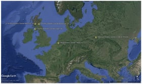 Locations of the five botanic gardens surveyed in this study: (1) Municipal Botanic Garden in Zabrze (Poland), (2) Meise Botanic Garden (Belgium), (3) The Royal Botanic Garden Edinburgh (UK), (4) The Royal Botanic Garden Benmore (UK), (5) The Royal Botanic Garden Logan (UK).