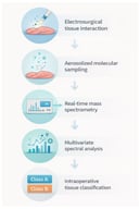 Instrumentation and data flow of the iKnife. The system integrates standard electrosurgical hardware with ambient ionization mass spectrometry. Surgical aerosol is transported to the mass analyzer for rapid scanning (150–500 ms), followed by automated spectral deconvolution and classification. This process overcomes the logistical and sampling limitations of conventional frozen section analysis by providing continuous, objective intraoperative guidance.