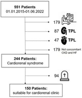 Cohort amenable to an interdisciplinary nephrologic and cardiologic outpatient clinic. 179 patients were excluded because they started dialysis, 179 were excluded because they did not have concomitant CKD and HF, 87 were excluded because they had received a renal transplant, and 47 were excluded because they had received a cardiac transplant. 94 patients were excluded because they did not survive the entire follow-up. Some patients were excluded for one or more exclusion criteria. CKD, chronic kidney disease; HF, heart failure.