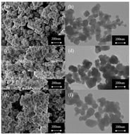 FESEM and TEM images of (a,b) 40NiO-YSZ, (c,d) 50NiO-YSZ, and (e,f) 60NiO-YSZ.