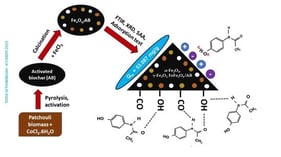 Schematic synthesis procedure of the activated biochar (AB), FeCl3/AB and FexOy/AB composites.