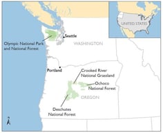 Map of the three northwestern United States protected areas in this study: (a) Olympic National Park and Forest in Washington State, (b) Deschutes National Forest in Oregon, and (c) Ochoco National Forest/Crooked River National Grassland in Oregon.