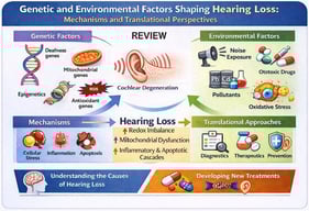 Genetic factors that increase the risk of hearing loss, highlighting clinically and biologically relevant genes involved in intercellular communication, mechanoelectrical transduction, endolymph homeostasis, mitochondrial function and oxidative stress defense that converge to cochlear molecular dysfunction.