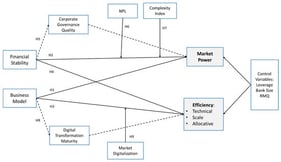 Conceptual Framework Showing Direct, Mediated, and Moderated Relationships. Solid arrows represent direct effects, moderation, and control paths, while dashed arrows indicate mediation hypotheses. NPL: non-performing loans; RMQ: risk management quality.