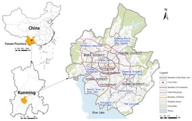 Study area, as well as the walkable streets and community division within it.