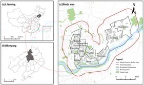 Location of the study area. (a) Location of Liaoning in China. (b) Location of Shenyang in Liaoning. (c) Location of the study area in Shenyang.
