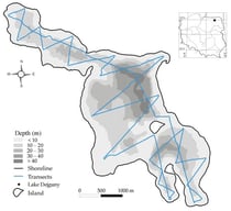 Bathymetric map of Lake Dejguny with marked boat routes during hydroacoustic surveys in November 2005, October 2008, and 2021 (according to Hutorowicz et al., [16]).