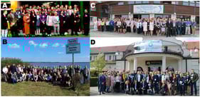 The numerous national and international limnology conferences organized by the Polish Limnological Society: (A) national conference in Górzno (2001, Poland), during which, the Polish Limnological Society was founded. (B) national conference in Sosnowiec (2004, Poland); (C) international conference “Lakes, Reservoirs and Ponds: Impacts—Threats—Conservation”, Iława (2016, Poland); (D) international conference “Lakes &amp; Reservoirs—Hot Spots and Topics in Limnology”, Mikorzyn (2019, Poland).