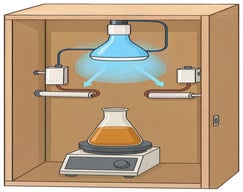Illustrative image of the Photocatalytic reactor used in the experiments. Schematic representation of the UV photoreactor employed in vinasse degradation, showing the lamps, the sample arrangement in Erlenmeyer flasks, and the irradiation geometry.